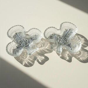 Vintage Glass Clover Trinket Dish Set Floral Vanity Catchall Decor Jewelry Dish